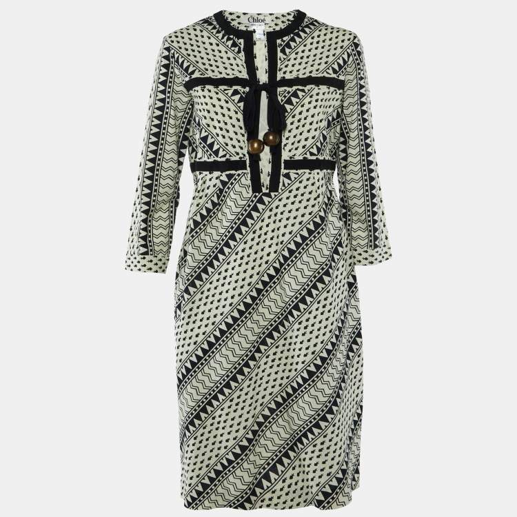 Pre Owned Chloe Black Printed Cotton Tie Detail Midi Dress L