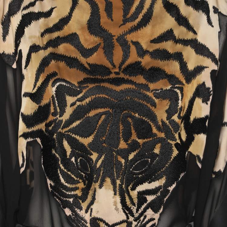Pre Owned Chloe Beige/Black Satin Tiger Embroidered Belted Kaftan Blouse M