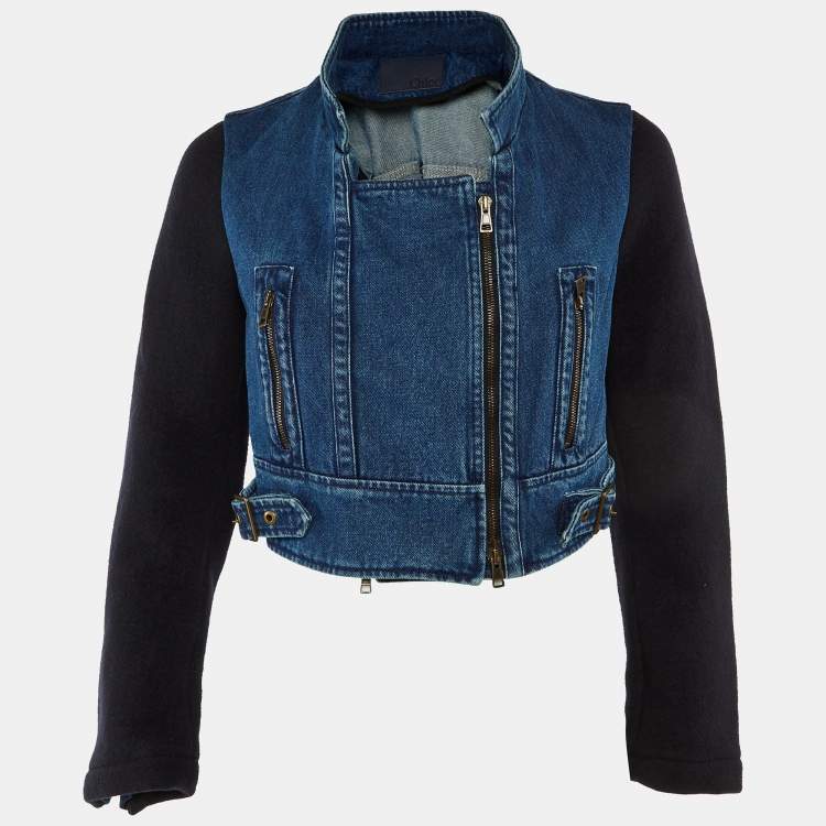 Pre Owned Chloe Blue Denim & Wool Cropped Zip Up Jacket S