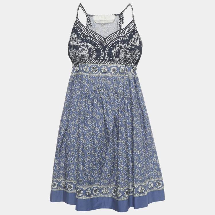 Pre Owned Chloe Blue Printed Cotton Strappy Mini Dress S