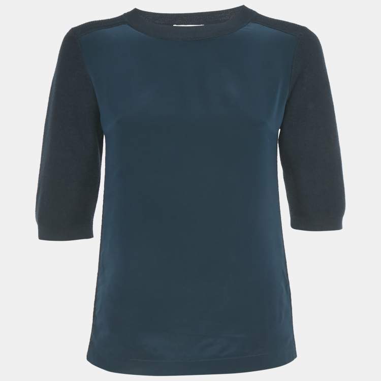 Pre Owned Chloe Black Navy Wool Knit and Silk Crew Neck Top XS