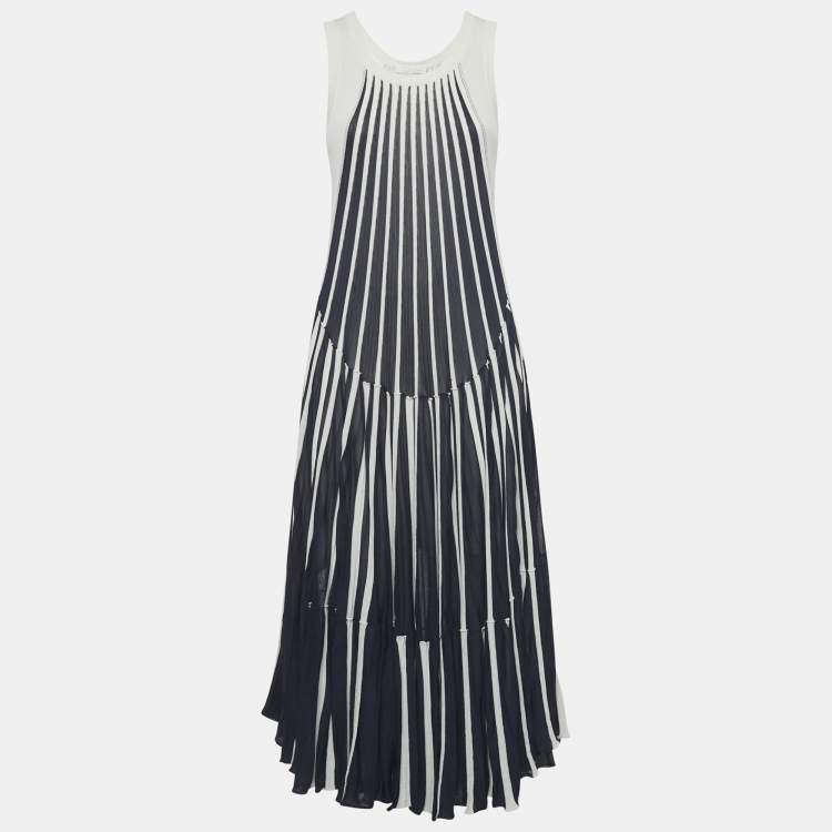 Pre Owned Chloe Navy Blue White Vertical Stripe Cotton Knit Midi Dress M