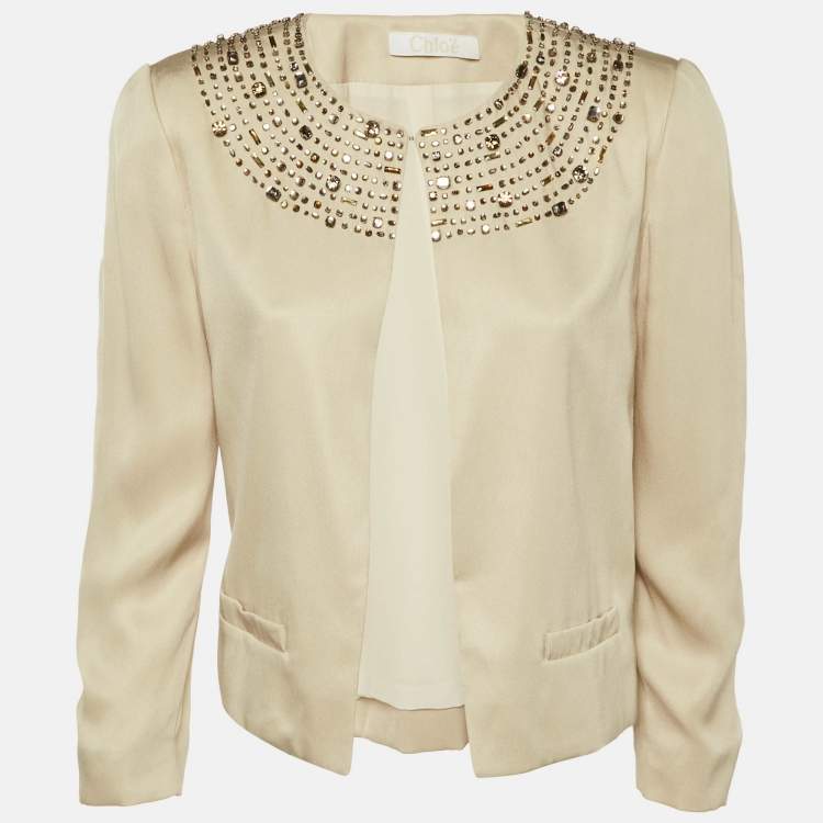 Pre Owned Chloé Sable Beige Silk Crystal Embellished Jacket M