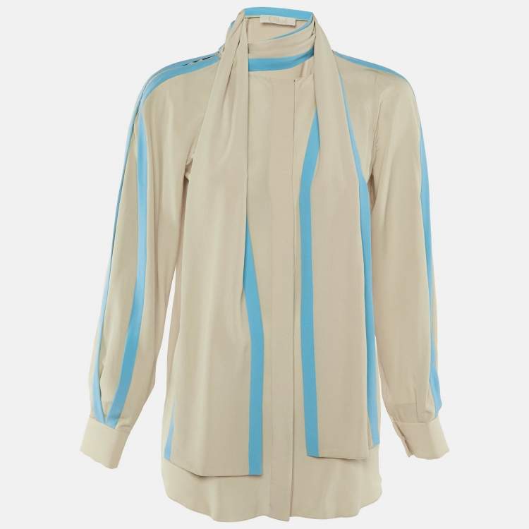 Pre Owned Chloé Light Beige/Blue Silk Tie Detail Blouse S