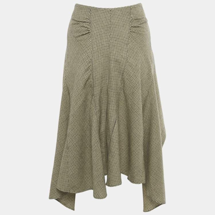 Pre Owned Chloe Beige/Green Houndstooth Wool Knot Detail Asymmetric Skirt S 