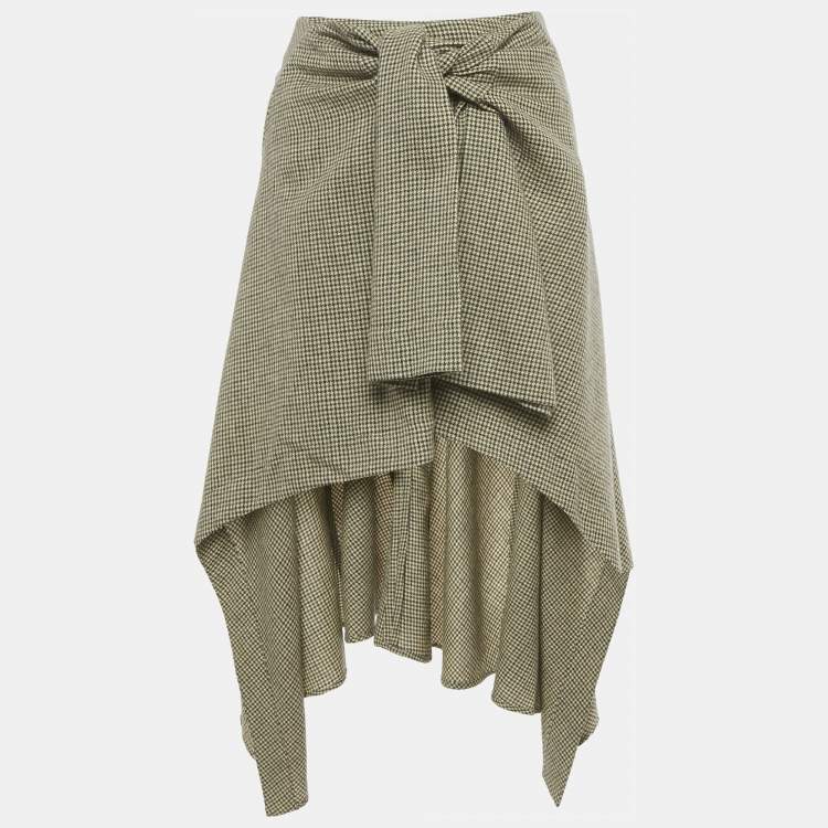 Pre Owned Chloe Beige/Green Houndstooth Wool Knot Detail Asymmetric Skirt S 