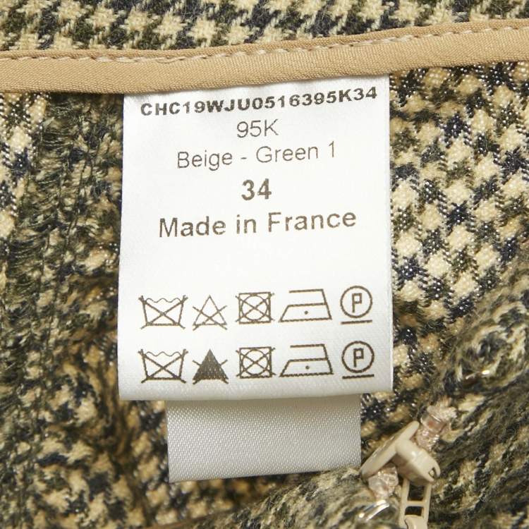 Pre Owned Chloe Beige/Green Houndstooth Wool Knot Detail Asymmetric Skirt S 