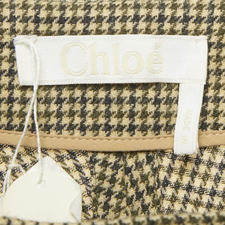 Pre Owned Chloe Beige/Green Houndstooth Wool Knot Detail Asymmetric Skirt S 