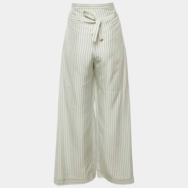 Pre Owned Chloé White/Blue Striped Silk Tie Detail Trousers M