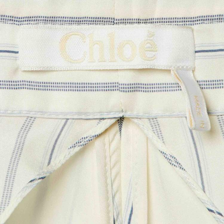Pre Owned Chloé White/Blue Striped Silk Tie Detail Trousers M