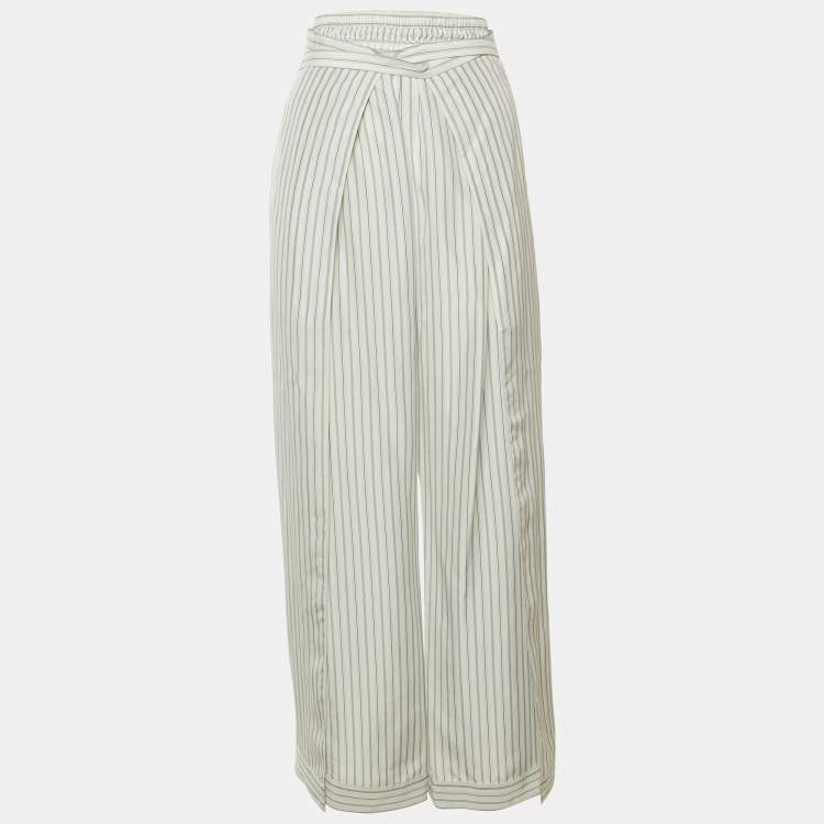 Pre Owned Chloé White/Blue Striped Silk Tie Detail Trousers M