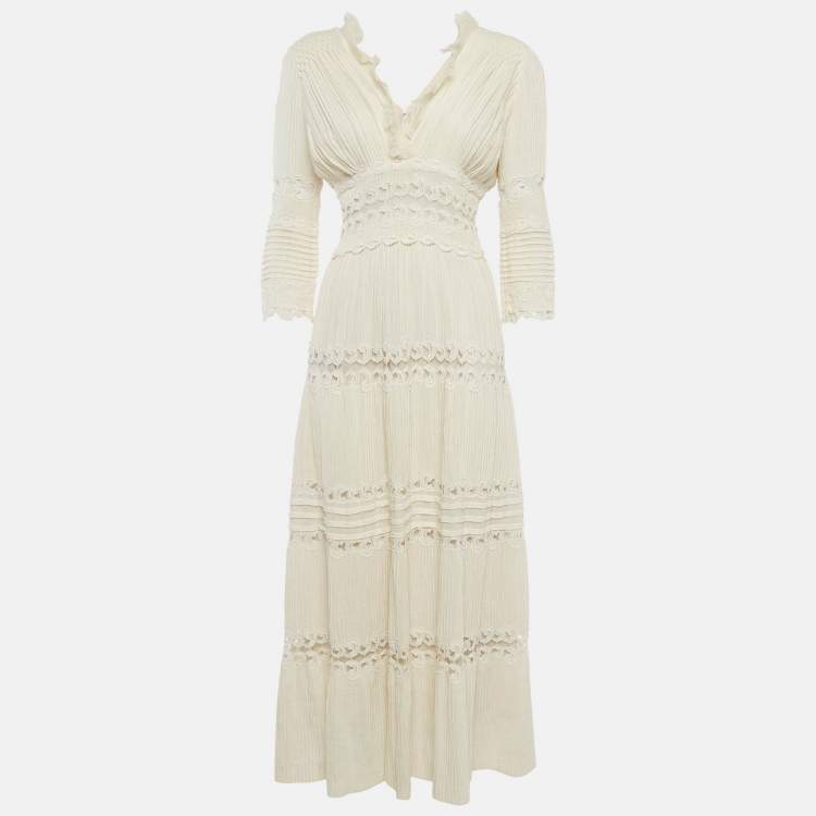 مملوكة مسبقًا Chloe Cream Pintucked Linen Lace Panelled Maxi Dress S