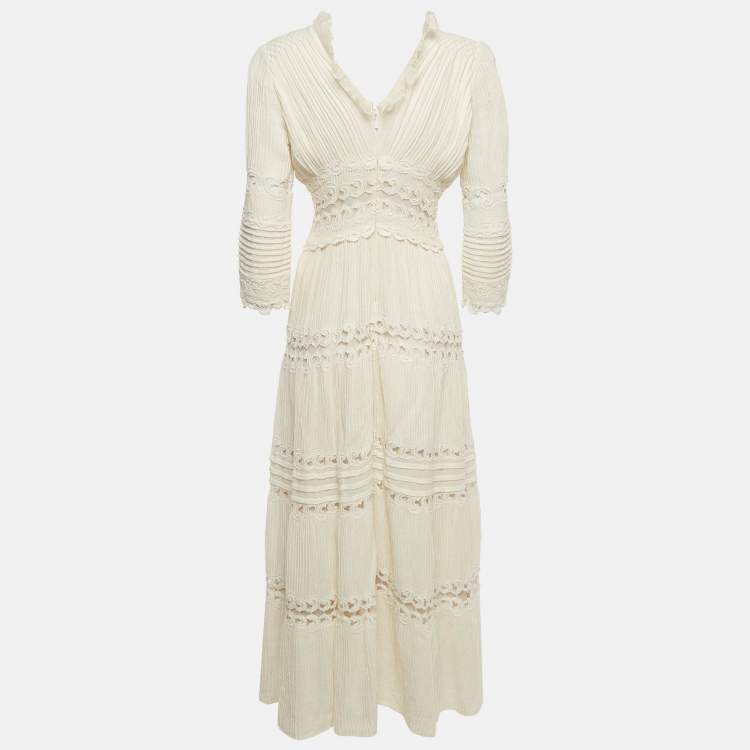 مملوكة مسبقًا Chloe Cream Pintucked Linen Lace Panelled Maxi Dress S