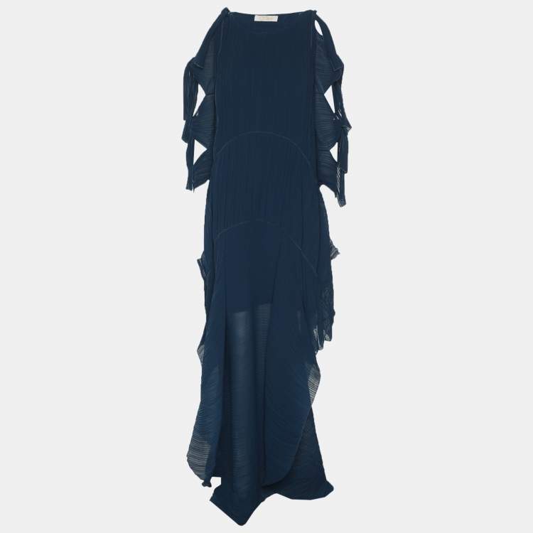 مملوكة مسبقًا Chloe Blue Chiffon Pleated Ruffle Maxi Dress M