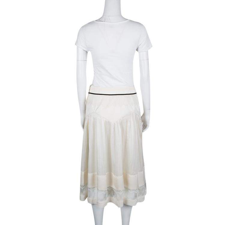 مملوكة مسبقًا Chloe Cream Lace Insert Pleated Silk Midi Skirt S