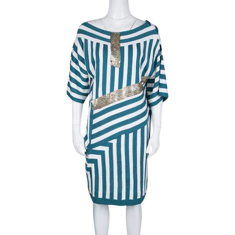 Pre Owned Chloe Aqua Blue and White Striped Knit Metal Sequin Embellished Dress