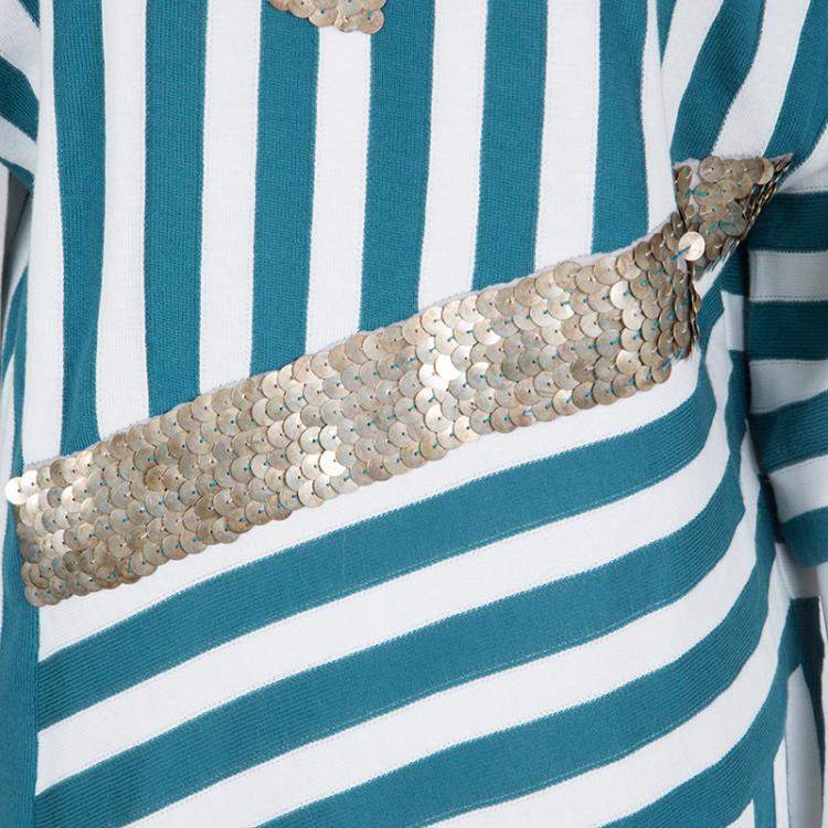 Pre Owned Chloe Aqua Blue and White Striped Knit Metal Sequin Embellished Dress