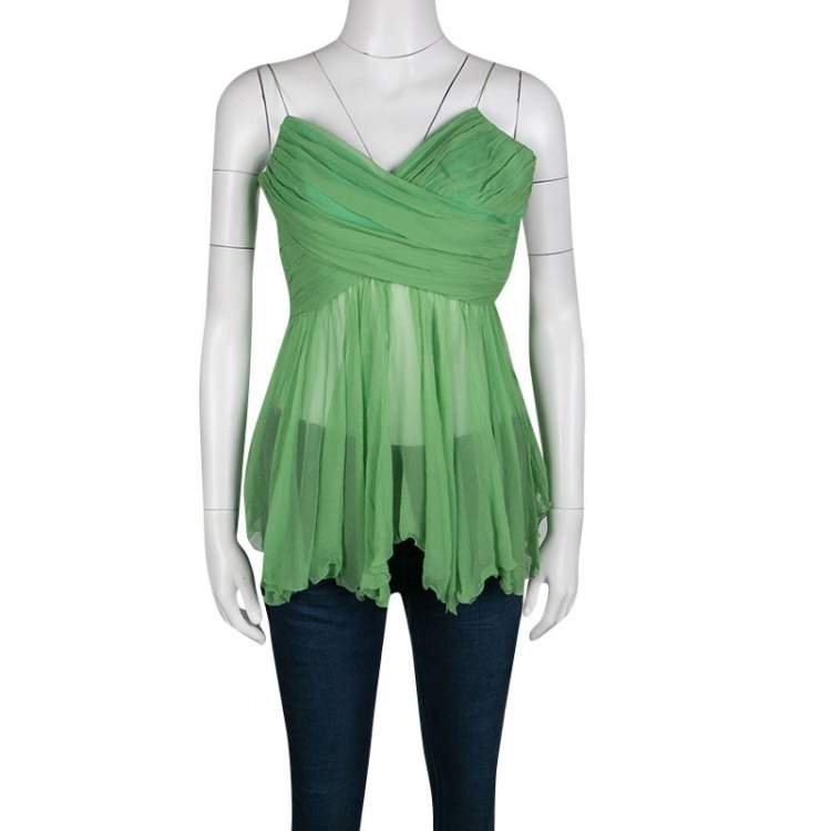Pre Owned Chloe Green Pleated Crinkled Chiffon Noodle Strap Top S