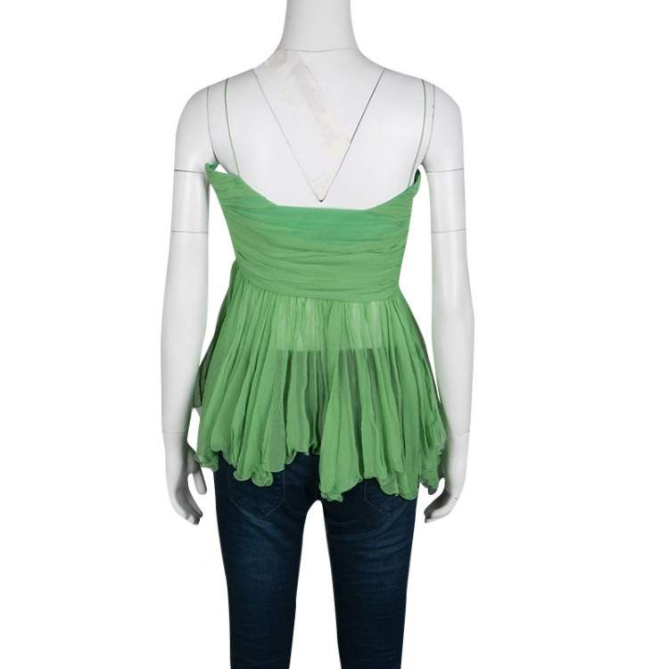 Pre Owned Chloe Green Pleated Crinkled Chiffon Noodle Strap Top S