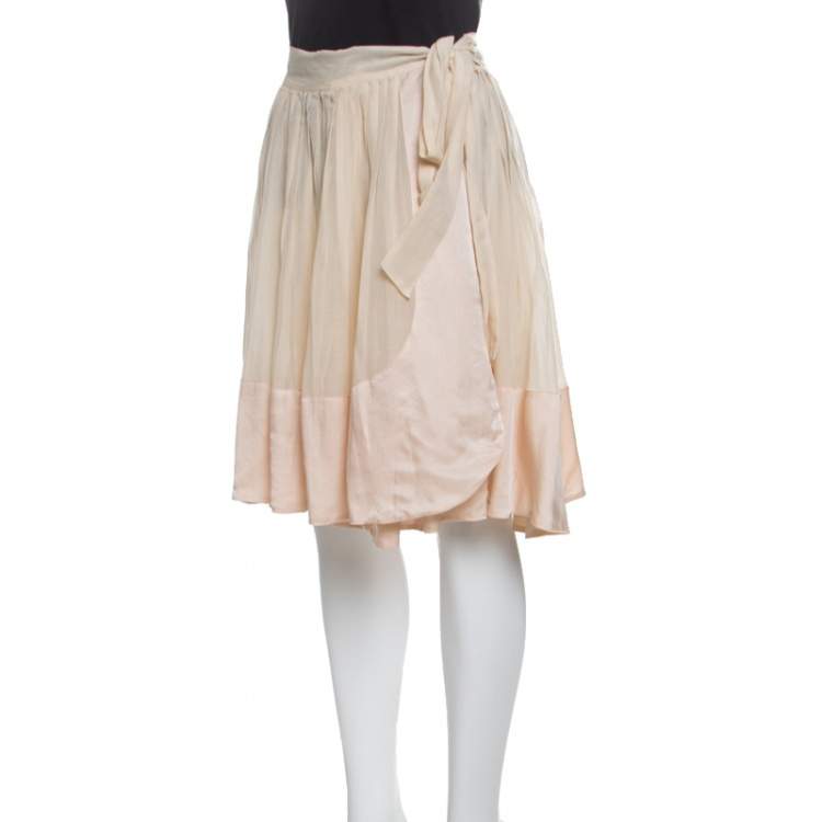 Pre Owned Chloe Champagne Cotton Satin Trim Detail Pleated Wrap Skirt M