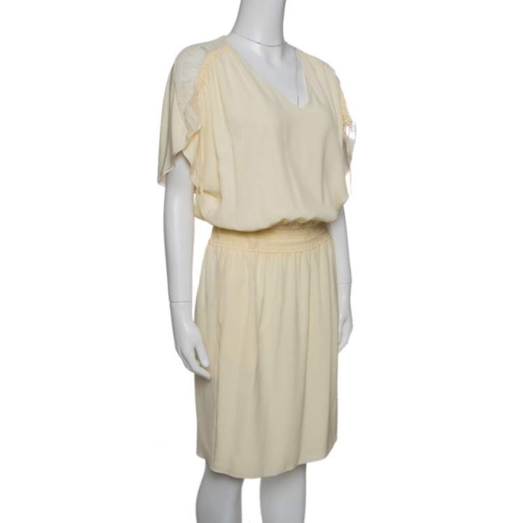 Pre Owned Chloe Vanilla Yellow Smocked Waist Lace Insert Tie Detail Dress M