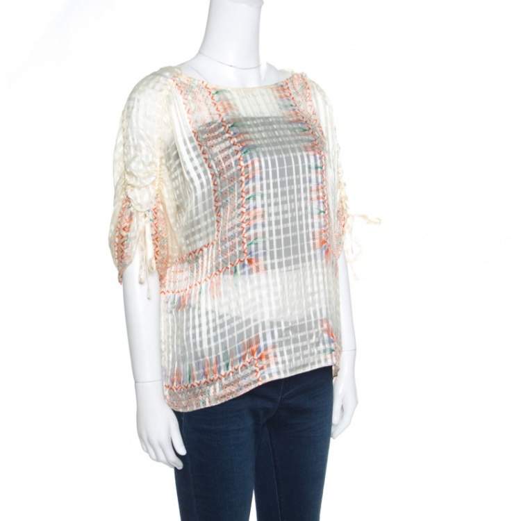 Pre Owned Chloe Cream Drawstring Sleeve Detail Printed Silk Sheer Top M