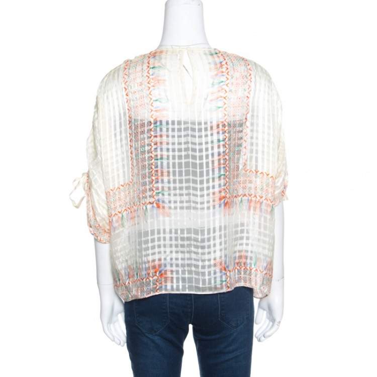 Pre Owned Chloe Cream Drawstring Sleeve Detail Printed Silk Sheer Top M