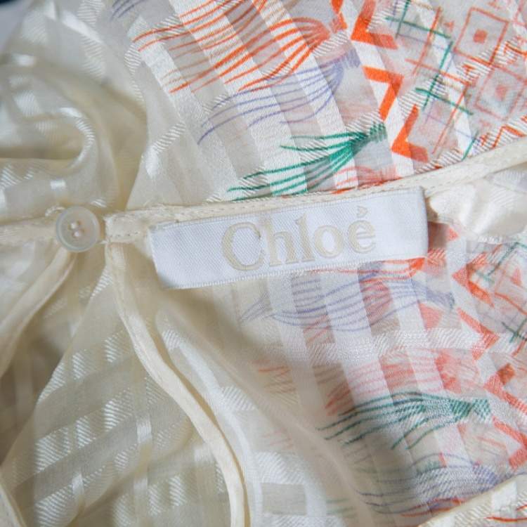 Pre Owned Chloe Cream Drawstring Sleeve Detail Printed Silk Sheer Top M