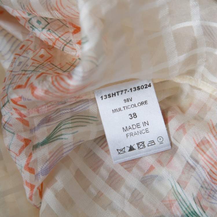 Pre Owned Chloe Cream Drawstring Sleeve Detail Printed Silk Sheer Top M