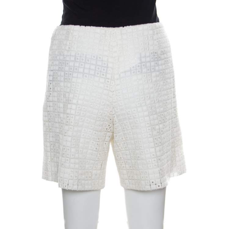 Pre Owned Chloe Ecru Eyelet Embroidered Cotton Shorts M