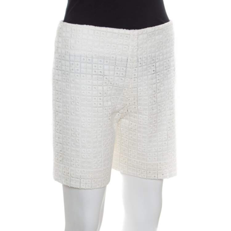 Pre Owned Chloe Ecru Eyelet Embroidered Cotton Shorts M