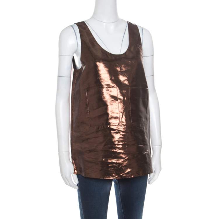 Pre Owned Chloe Metallic Brown Patch Pocket Detail Sleeveless Tank Top M