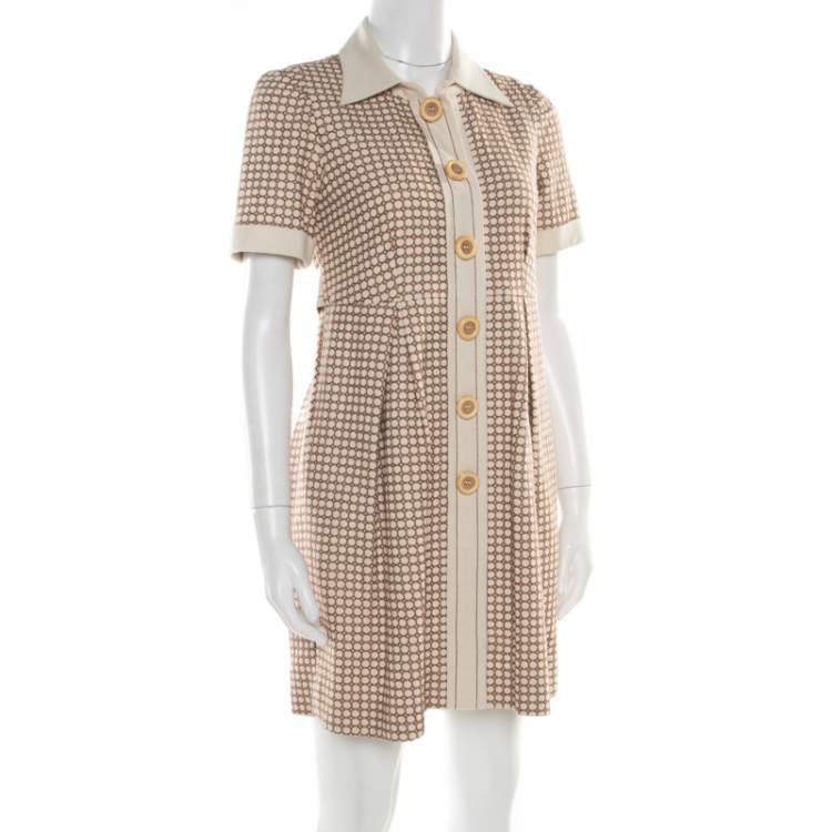 Pre Owned Chloe Beige and Maroon Textured Raw Silk Knit Dress S