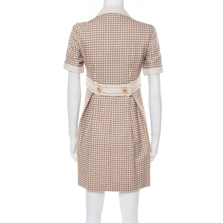 Pre Owned Chloe Beige and Maroon Textured Raw Silk Knit Dress S