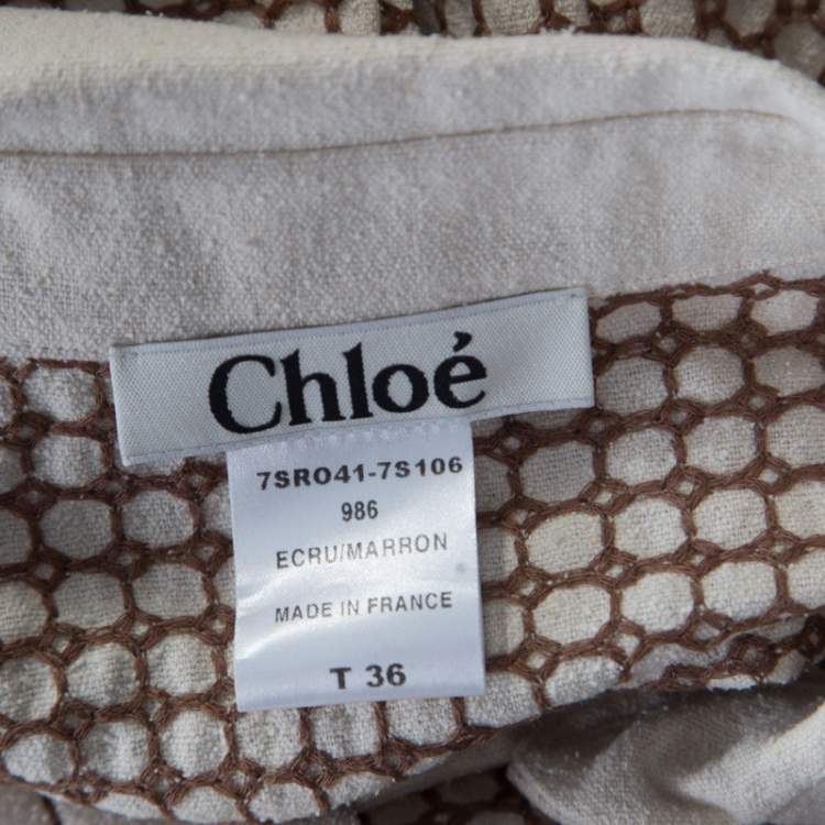 Pre Owned Chloe Beige and Maroon Textured Raw Silk Knit Dress S