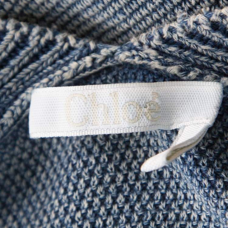 Pre Owned Chloe Indigo Washed Effect Knit Fringed Trim V-Neck Top S