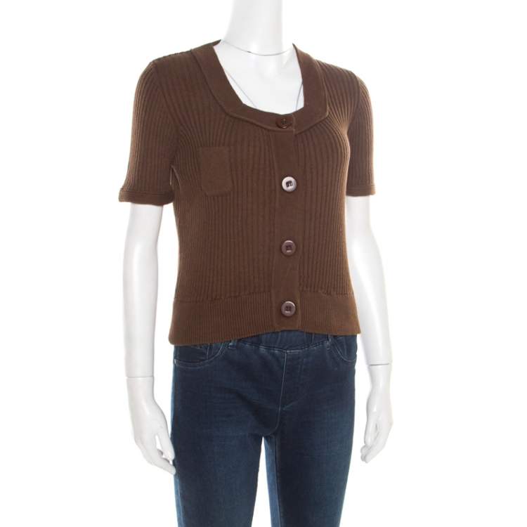 Pre Owned Chloe Brown Cotton and Linen Rib Knit Crop Top M 