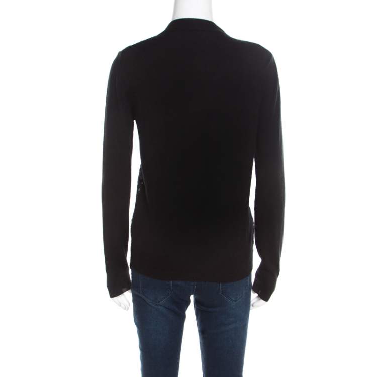 Pre Owned Chloe Black Knit Floral Lace Panel Long Sleeve Button Front Cardigan S