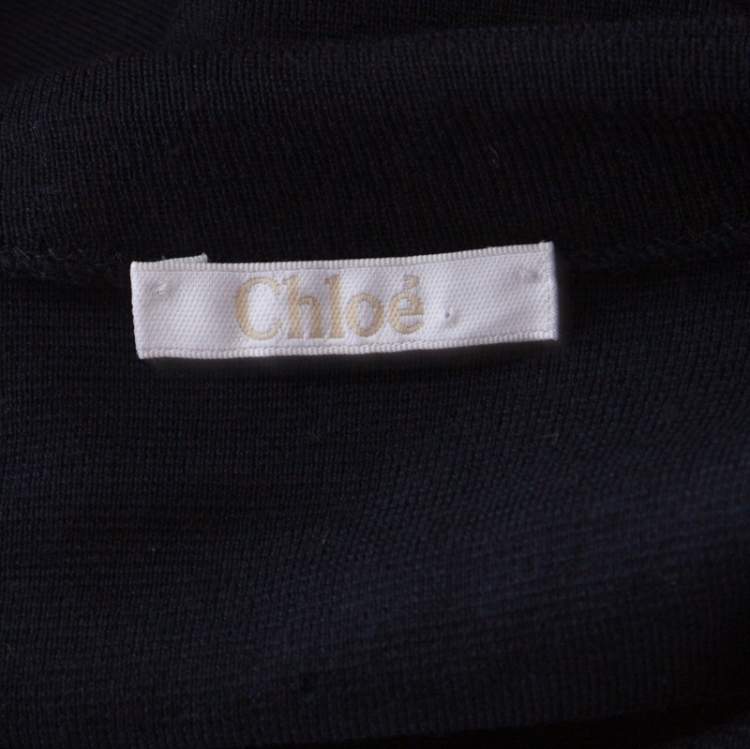 Pre Owned Chloe Navy Blue Wool Contrast Striped Trim Detail Sweater XS 