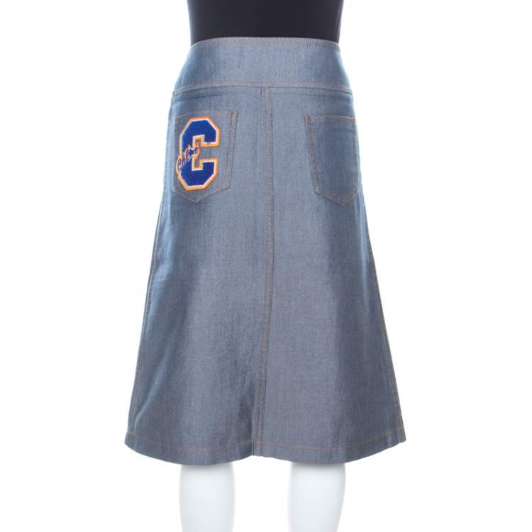 Pre Owned Chloe Vintage Navy Blue Cotton and Silk High Waist Skirt S