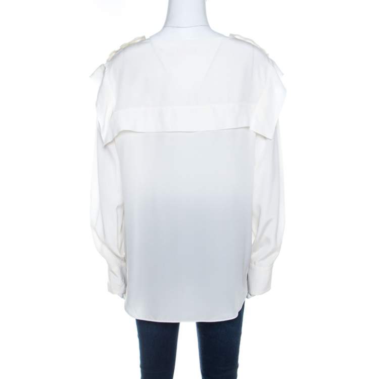 Pre Owned Chloe Cream Silk Shoulder Button Detail Long Sleeve Blouse L 