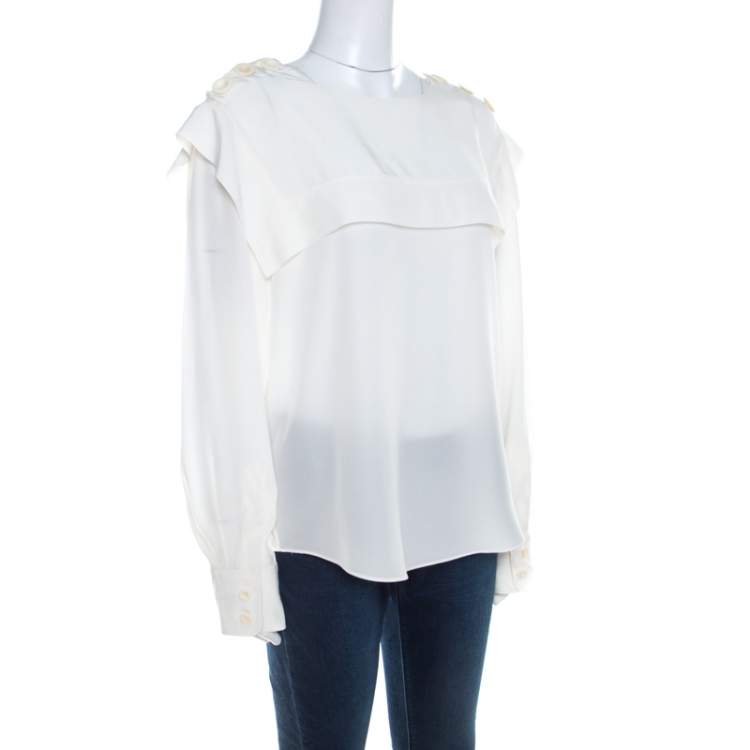 Pre Owned Chloe Cream Silk Shoulder Button Detail Long Sleeve Blouse L 