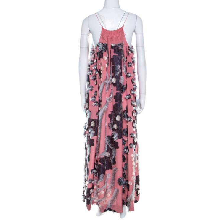 Pre Owned Chloe Pink Silk Chiffon Feather Applique Embellished Maxi Dress M 