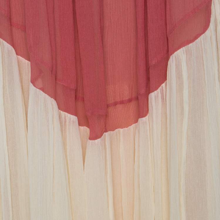 Pre Owned Chloe Coral Cream and Black Color Block Silk Chiffon Ruffled Maxi Dress M 