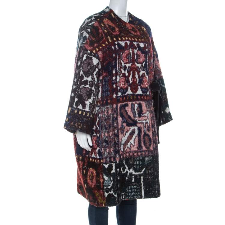 Pre Owned Chloe Multicolor Woven Tapestry Jacquard Waist Tie Detail Mid Length Coat S