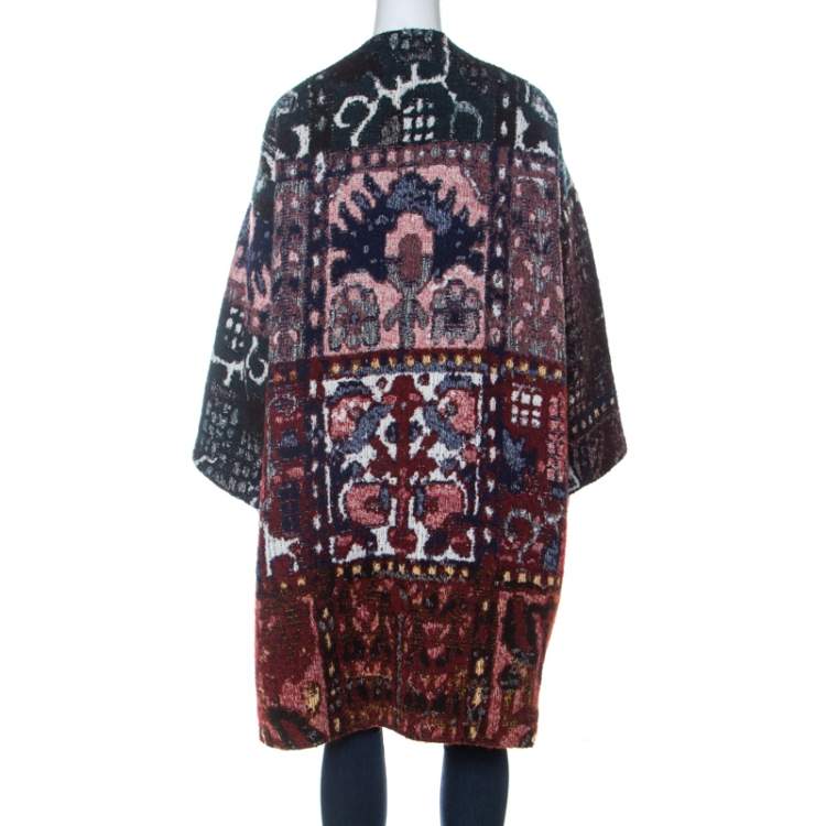 Pre Owned Chloe Multicolor Woven Tapestry Jacquard Waist Tie Detail Mid Length Coat S