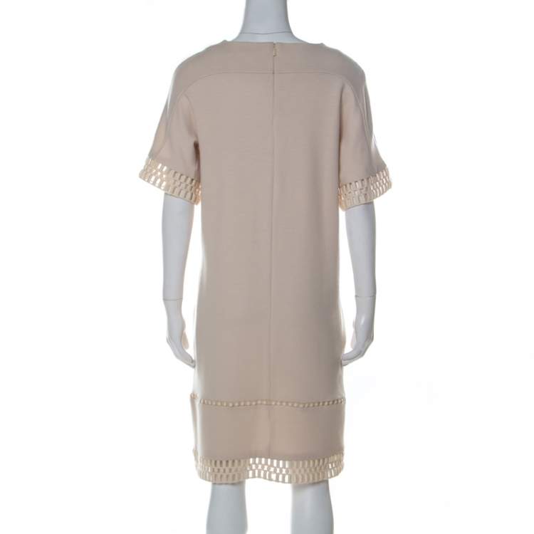 Pre Owned Chloe Beige Knit Embroidered Trim Detail Short Sleeve Shift Dress M 
