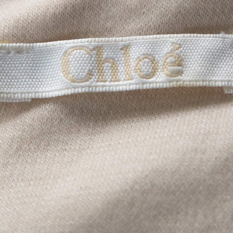 Pre Owned Chloe Beige Knit Embroidered Trim Detail Short Sleeve Shift Dress M 