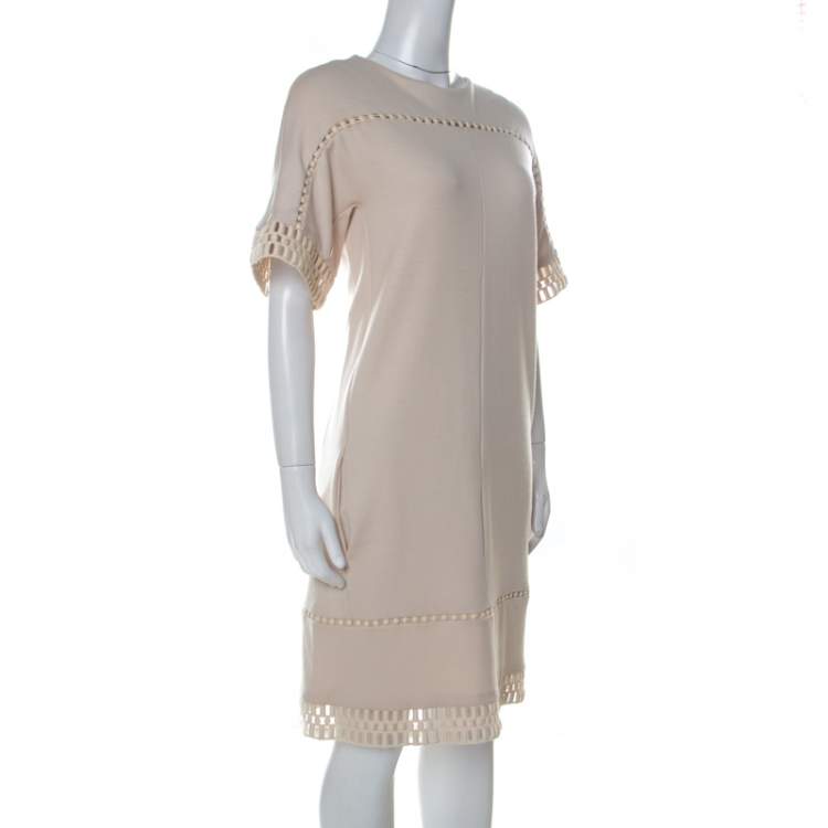 Pre Owned Chloe Beige Knit Embroidered Trim Detail Short Sleeve Shift Dress M 