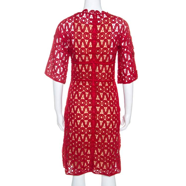 Pre Owned Chloe Lacquer Red Corded Lace Contrast Silk Lined Sheath Dress S